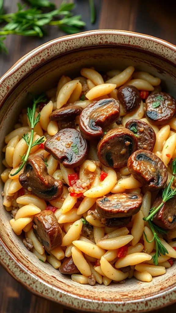 A bowl of Italian Sausage and Mushroom Risotto with herbs and pasta.