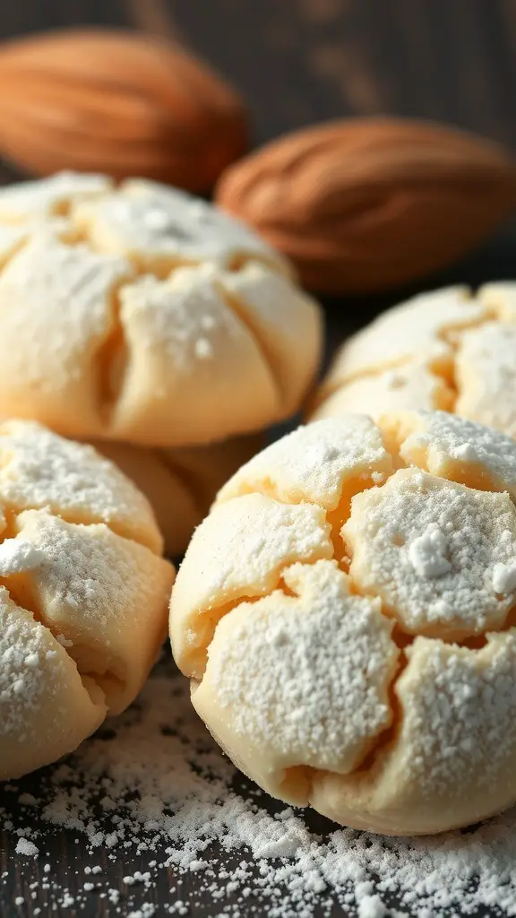 Soft and chewy amaretti cookies dusted with powdered sugar, with almonds in the background.