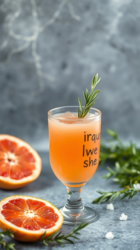A glass of grapefruit and rosemary drink with sliced grapefruit and rosemary sprigs