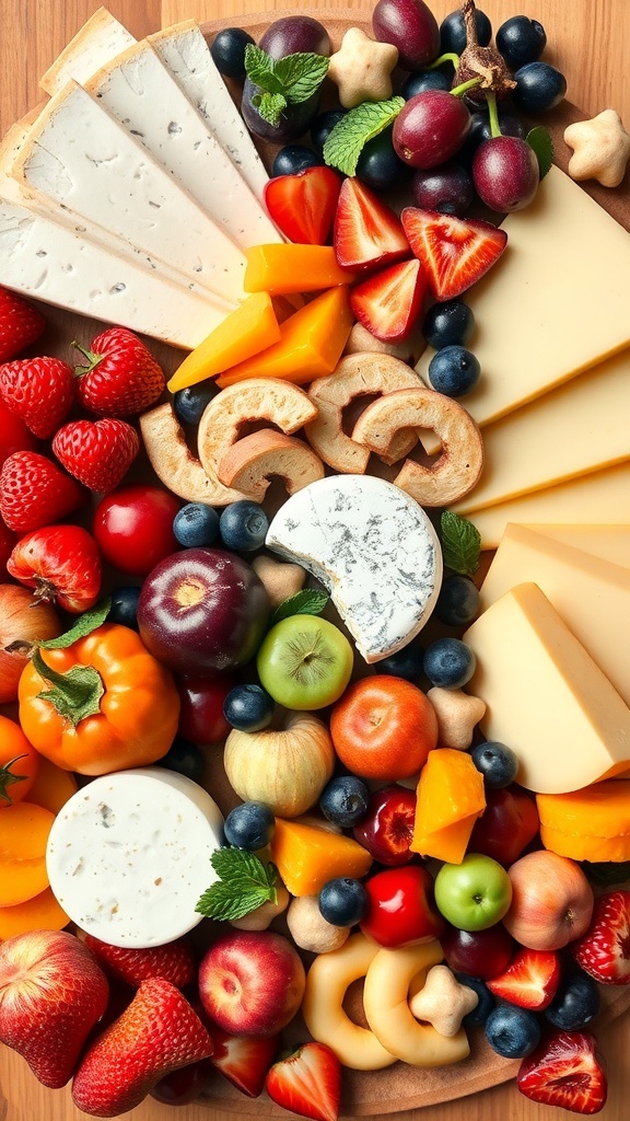 A colorful charcuterie board featuring seasonal fruits and assorted cheeses.