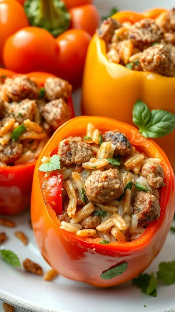 Colorful bell peppers stuffed with sausage and rice, garnished with herbs.