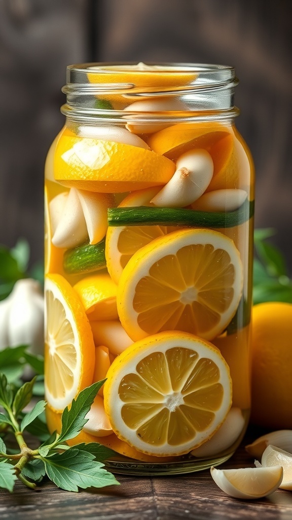 A jar filled with lemon slices and garlic cloves, showcasing a vibrant pickling process.