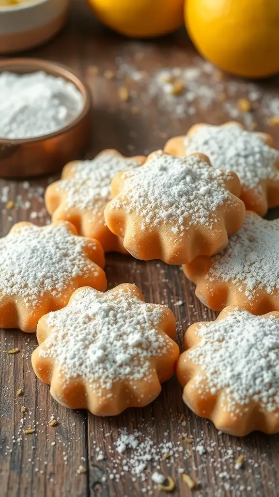 A close-up of Lemon Zest Cenci cookies, dusted with powdered sugar and surrounded by lemons.