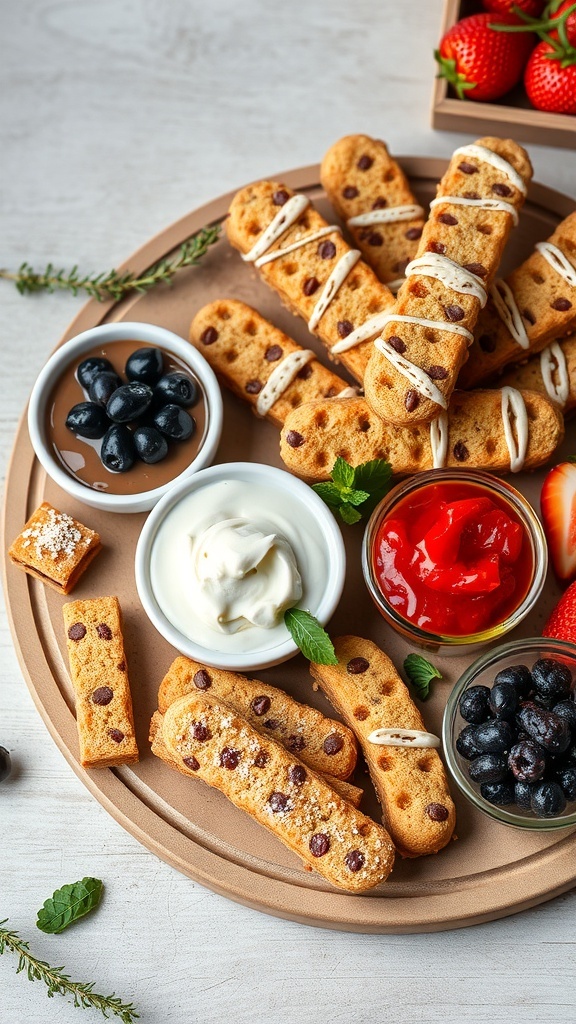 A dessert charcuterie board featuring biscotti, chocolate sauce, whipped cream, and fruit preserves.