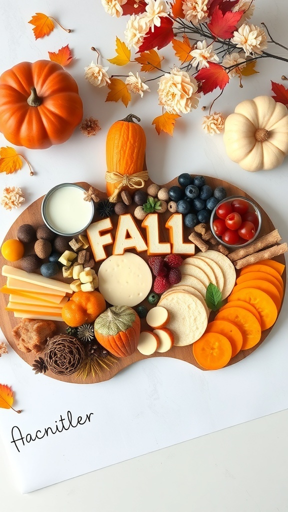 A fall-themed charcuterie board shaped like a pumpkin, featuring various cheeses, fruits, nuts, and decorative pumpkins.
