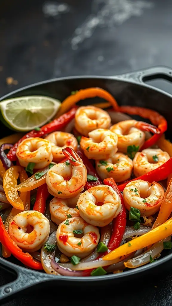 A skillet filled with garlic lime shrimp fajitas, featuring shrimp, colorful bell peppers, and onions, garnished with lime.