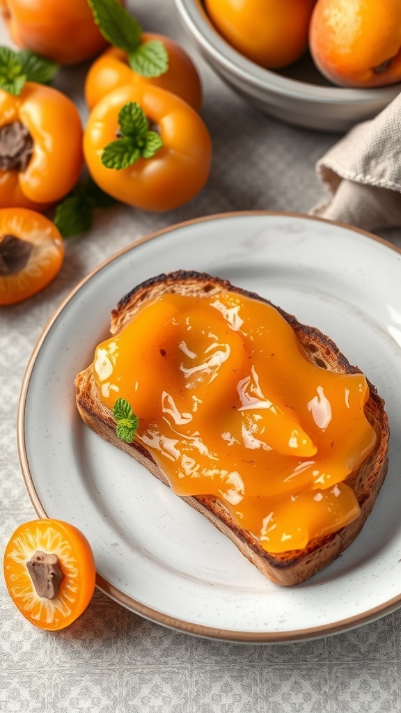 A slice of toast topped with apricot jam and fresh apricots in the background.
