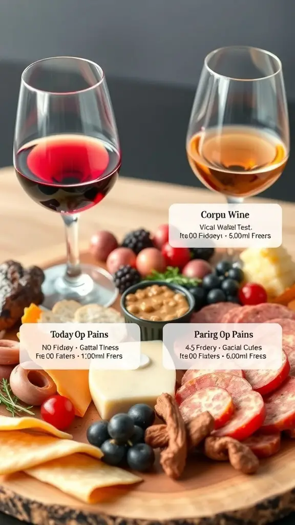 A charcuterie board with various meats, cheeses, fruits, and two glasses of wine.