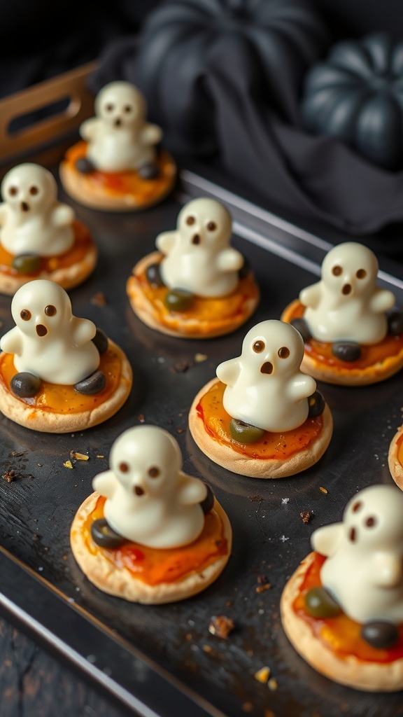 A tray of ghost-shaped pizza bites with cheese ghosts on top