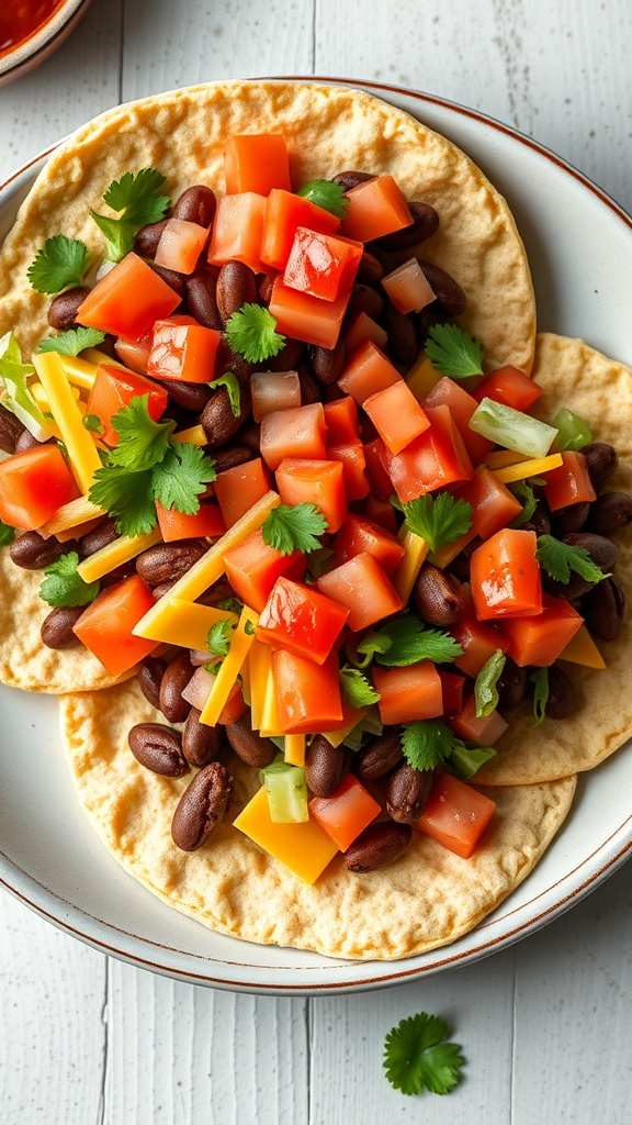 Sopes topped with refried beans, diced tomatoes, and cheese on a plate.