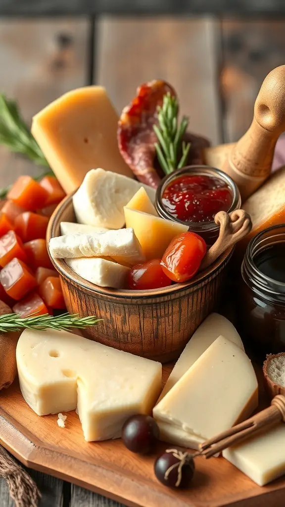 A rustic charcuterie board featuring various cheeses, meats, and accompaniments.