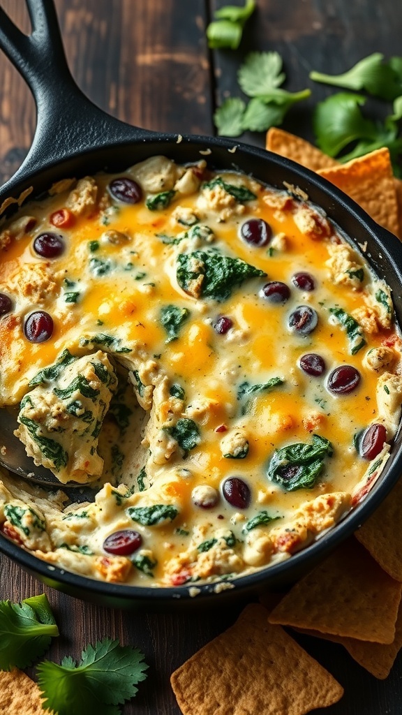 A creamy spinach and artichoke dip in a cast iron skillet, surrounded by tortilla chips and fresh cilantro.