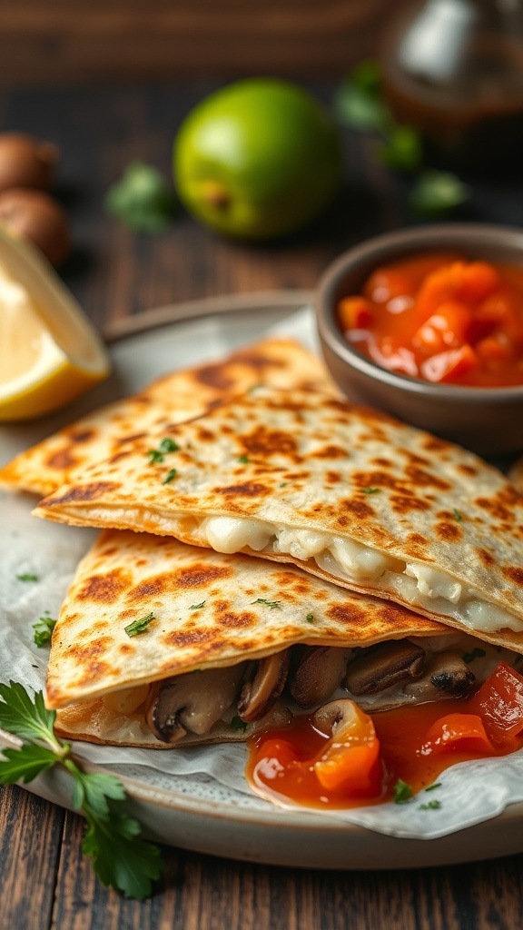 Golden-brown quesadillas filled with mushrooms and cheese, served with salsa and lime.