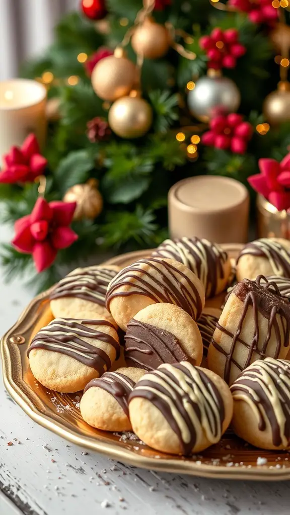 A platter of chocolate-dipped taralli cookies decorated for Christmas