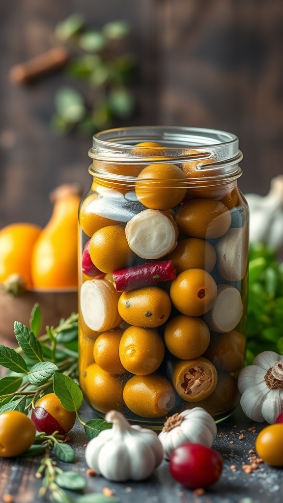 A jar of pickled garlic cloves surrounded by fresh herbs and colorful vegetables.
