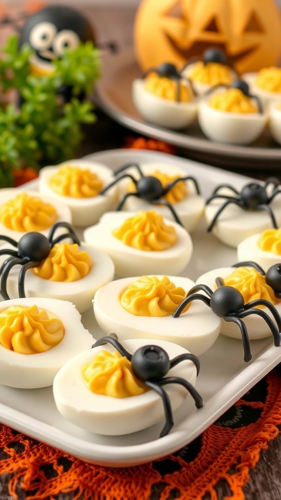A plate of deviled eggs decorated with black plastic spiders, set against a Halloween-themed background.