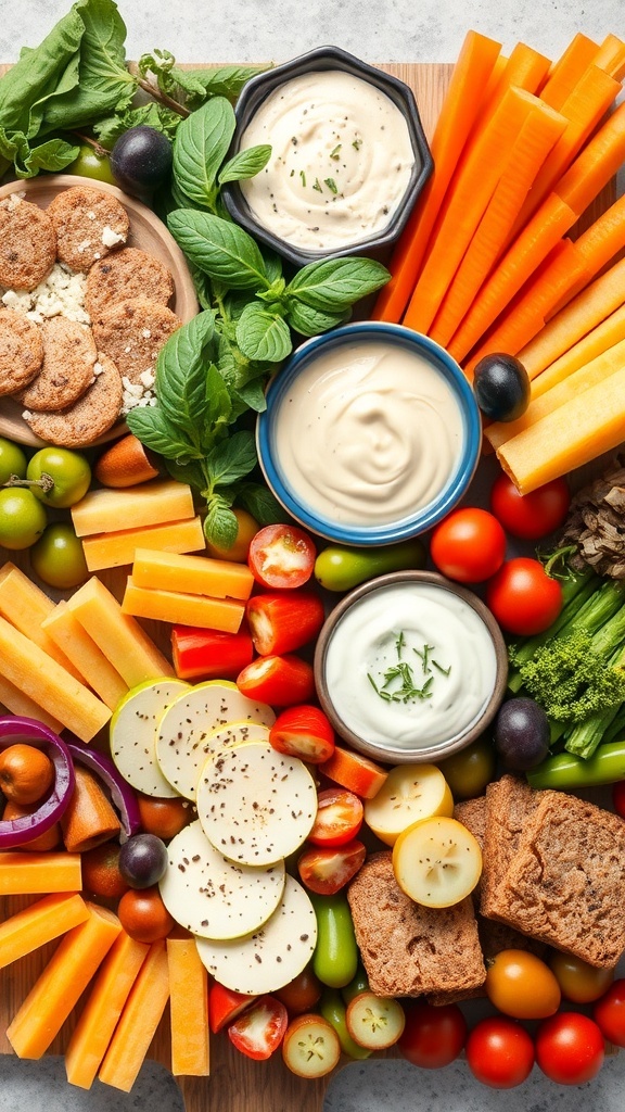 A vibrant vegetarian charcuterie board featuring fresh vegetables, dips, cheese, and crackers.