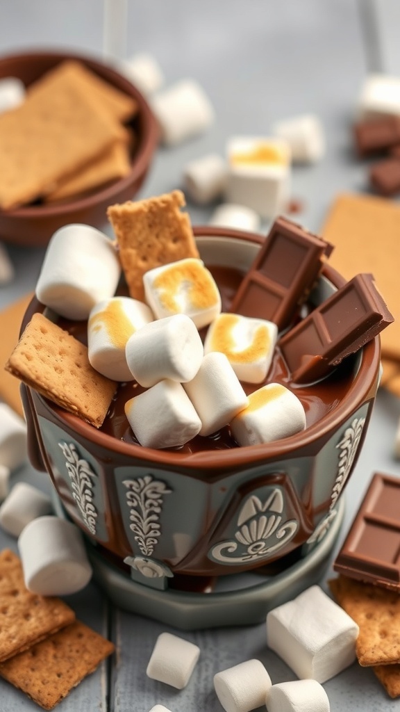 A bowl of chocolate fondue surrounded by graham crackers, marshmallows, and chocolate pieces.