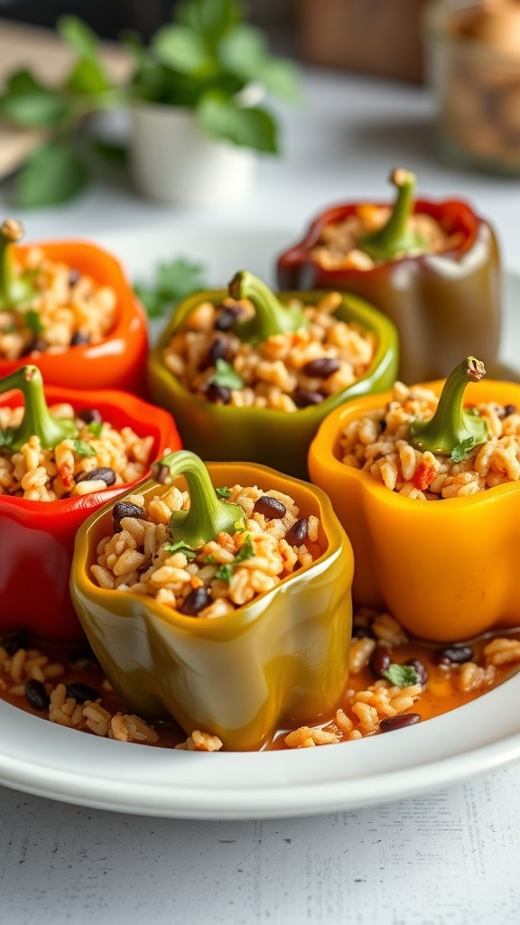 Colorful stuffed bell peppers filled with rice and beans on a plate