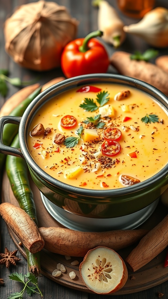 A bowl of curry coconut milk fondue with fresh vegetables and spices around it.