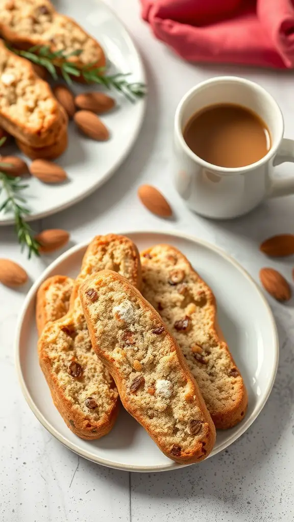 A plate of classic Italian biscotti with almonds and a cup of coffee