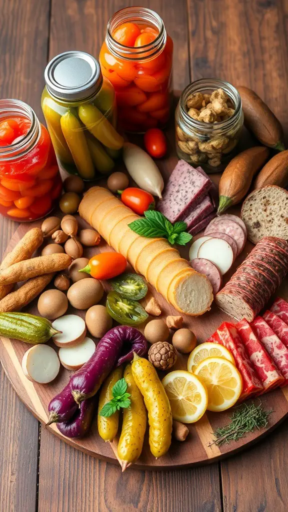 A charcuterie board featuring homemade pickles and various ingredients.