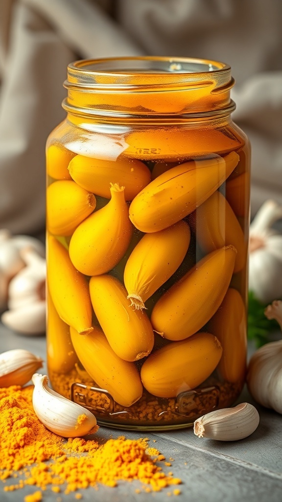 A jar of garlic and turmeric pickles with fresh garlic cloves and turmeric powder scattered around.