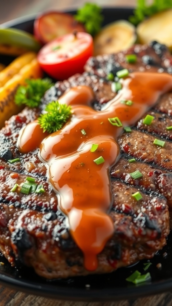 Grilled steak topped with chimichurri sauce, served with vegetables