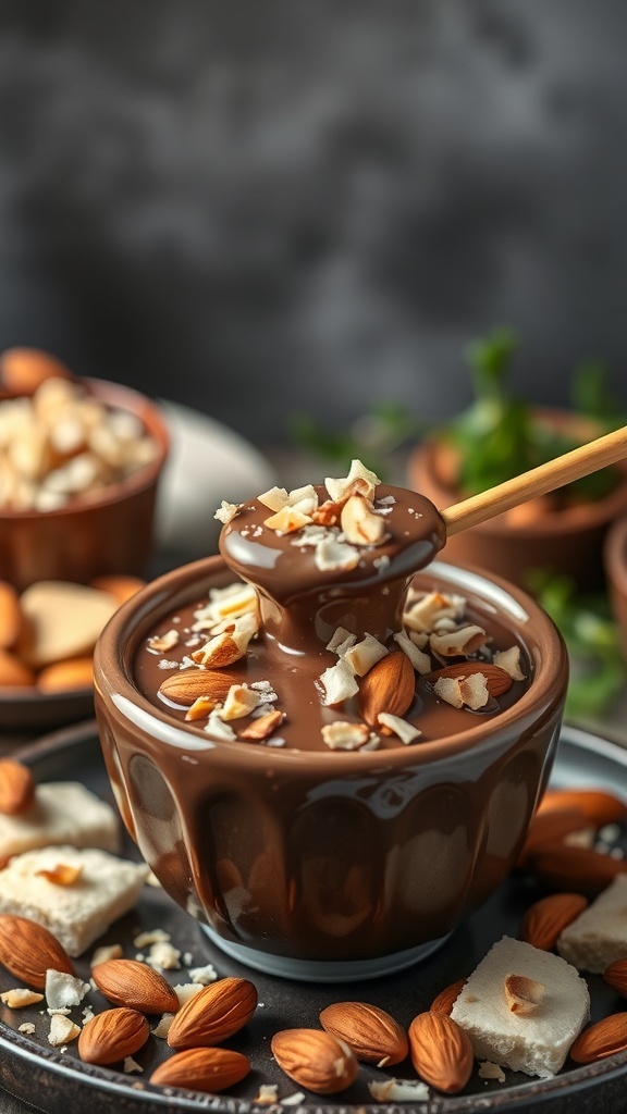 A bowl of Almond Joy Chocolate Fondue with almonds and coconut on top, surrounded by dipping options.