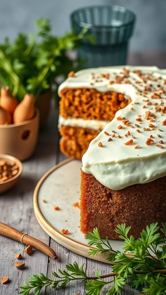 A slice of carrot cake with Mexican spices, topped with cream cheese frosting and garnished with nuts, surrounded by fresh carrots and spices.