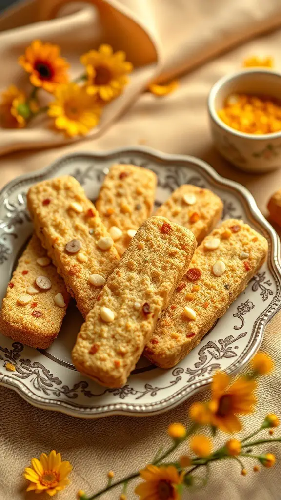 A plate of saffron infused biscotti with nuts, surrounded by flowers.