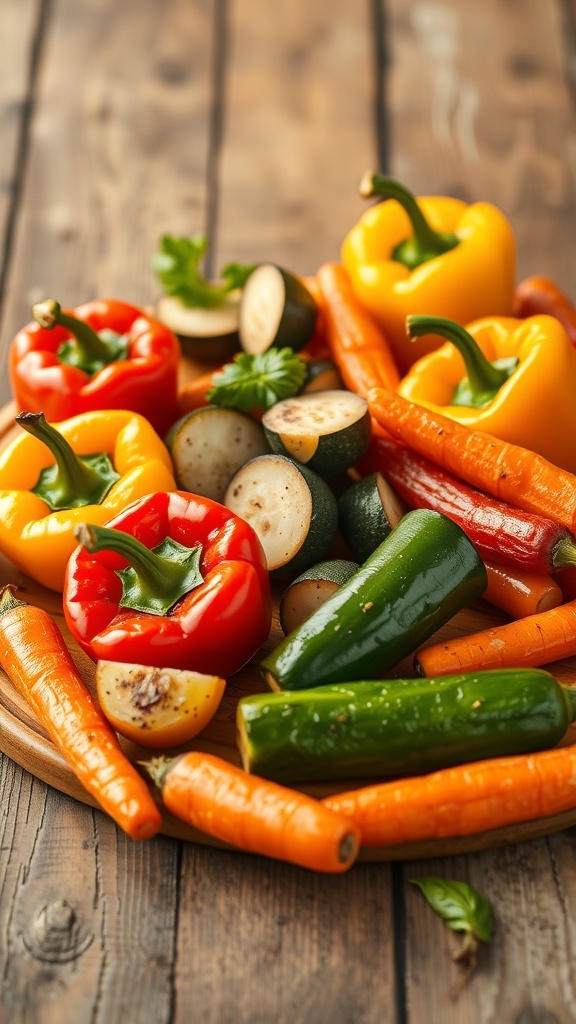 A colorful assortment of fresh vegetables including red and yellow bell peppers, carrots, zucchini, and potatoes arranged on a wooden surface.