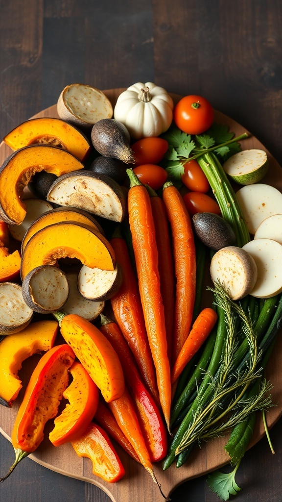 A colorful assortment of fresh vegetables including carrots, squash, tomatoes, and herbs arranged on a wooden platter.