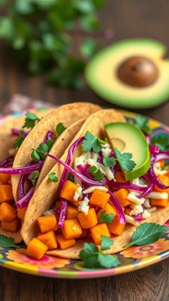 Chickpea and sweet potato tacos with purple cabbage and avocado on a colorful plate