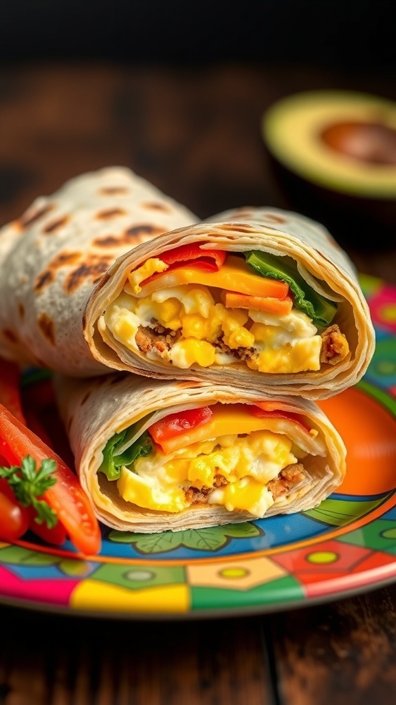 Two savory breakfast burritos filled with eggs, cheese, and vegetables on a colorful plate.