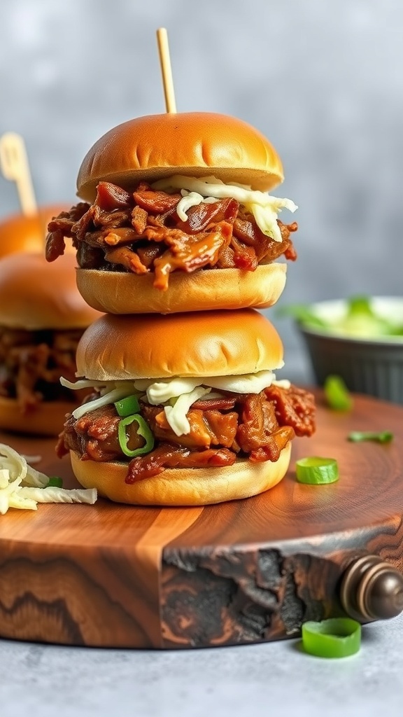Mini BBQ pulled pork sliders on a wooden board