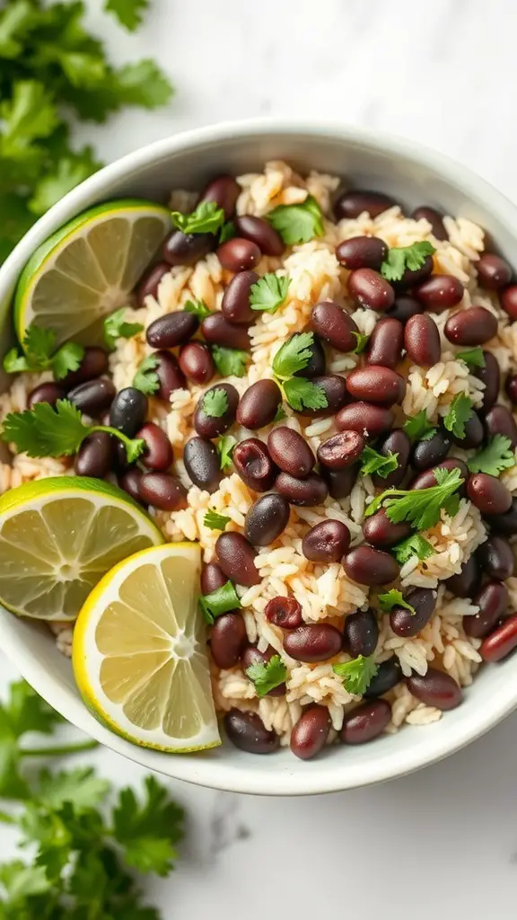 A bowl of cilantro lime rice mixed with black beans, garnished with lime slices and fresh cilantro.