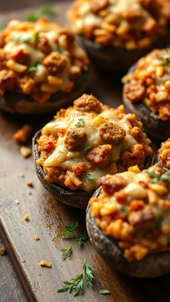 Italian sausage and cheese stuffed mushrooms on a wooden board