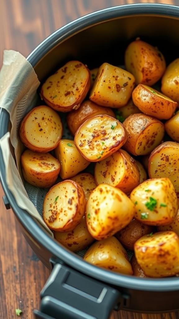 A bowl of crispy air fryer breakfast potatoes, golden brown and garnished with herbs.