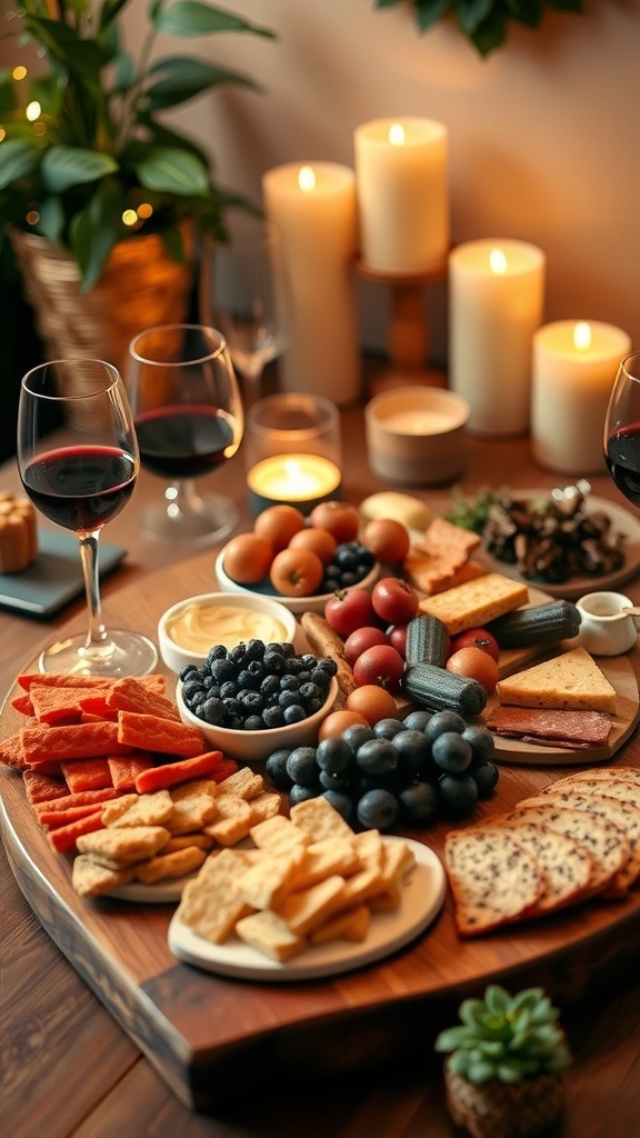 A beautifully arranged fall charcuterie board featuring cheeses, crackers, fruits, and wine, set in a cozy atmosphere with candles.