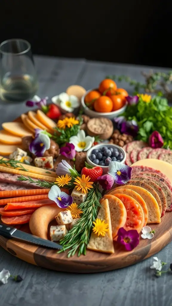 A beautifully arranged charcuterie board featuring cheeses, meats, fruits, nuts, and edible flowers.