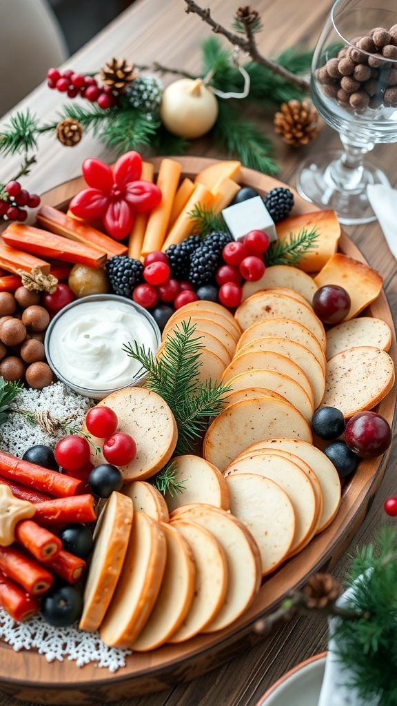 A beautifully arranged Christmas charcuterie board with cheeses, meats, fruits, and decorative elements.