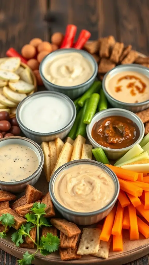 A variety of dips and spreads arranged on a charcuterie board with fresh vegetables and snacks.
