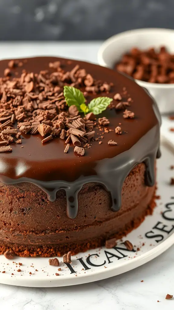 A Mexican chocolate cake topped with spicy ganache and chocolate shavings.