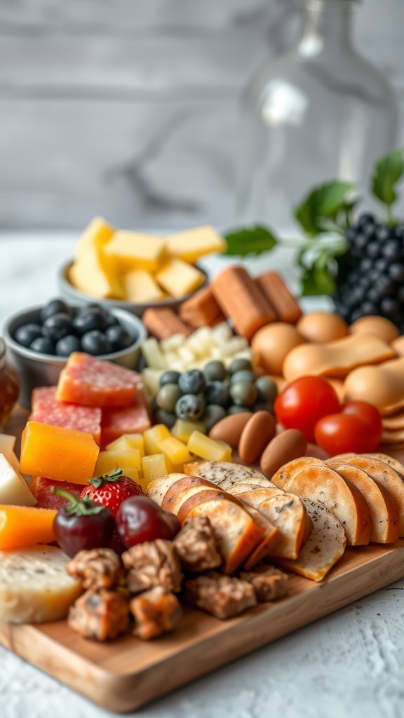 A beautifully arranged fall charcuterie board featuring cheeses, meats, fruits, and nuts.