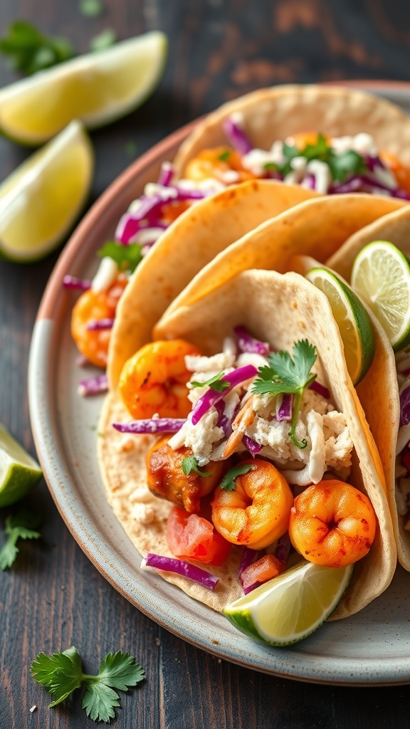 Three BBQ shrimp tacos with slaw on a plate, garnished with lime wedges.