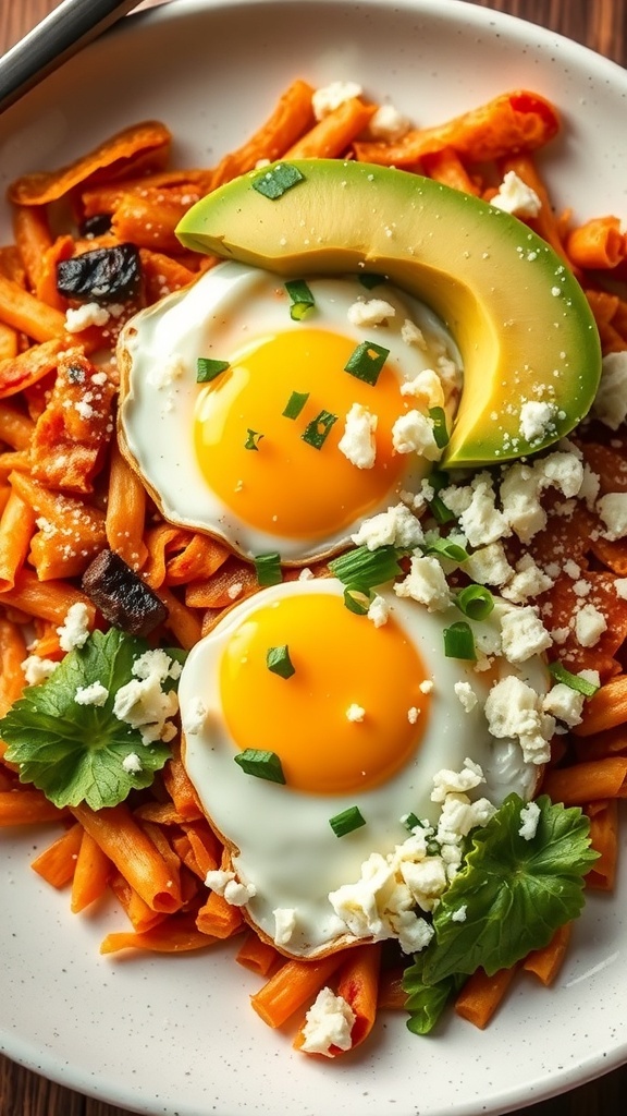 A plate of chilaquiles topped with fried eggs, avocado, and cheese.