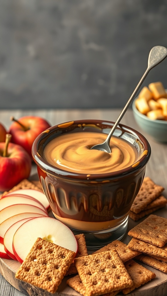 A bowl of peanut butter chocolate fondue surrounded by apple slices and graham crackers.