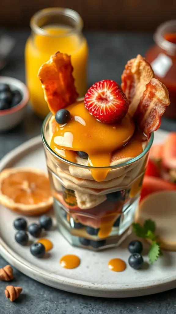 A breakfast charcuterie cup filled with yogurt, fruits, bacon, and drizzled with syrup.