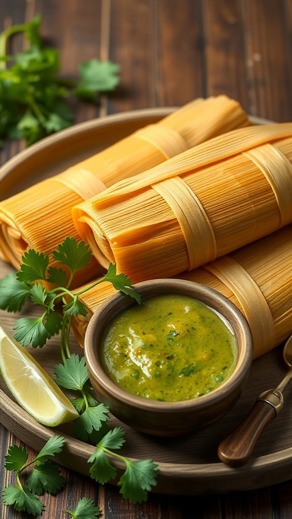 Plate of tamales with salsa verde and fresh cilantro